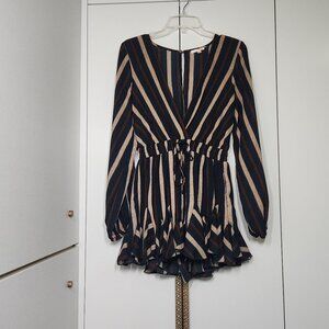 Luxxel Ruffle Romper Size S Navy Blue/Brown Long Sleeves